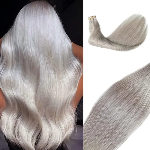 Vista 13 de Extensiones de cabello humano rubio con cinta, reflejos rubio ceniza y rubio platino, extensiones de cabello rubio platinado, cinta adhesiva