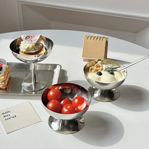 Vista 3 de Hapivida Taza de helado, 4 cuencos de acero inoxidable para servir postres, tazones para salsa, mini tazones de yogur con patas redondas, tazas