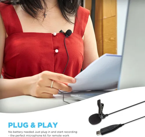 Vista 3 de Micrófono de solapa USB, micrófono de solapa de 9.84 pies para computadora, micrófono de condensador omnidireccional con clip de solapa para laptop