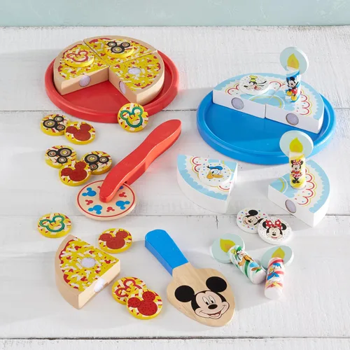 Vista 4 de Melissa & Doug Mickey Mouse - Juego de pizza de madera y pastel de cumpleaños (32 piezas) - Play Food