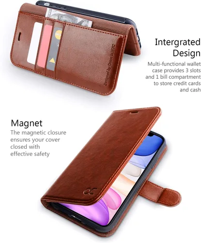 Vista 3 de OCASE Funda tipo cartera compatible con iPhone 11 con tarjetero y soporte para tarjetas, funda de piel sintética con función atril y cierre Marrón