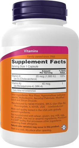 Vista 2 de Now Suplementos, vitamina D3 y K2, 1,000 UI/45 mcg, más apoyo cardiovascular*, apoya la salud ósea*, 240 cápsulas vegetales