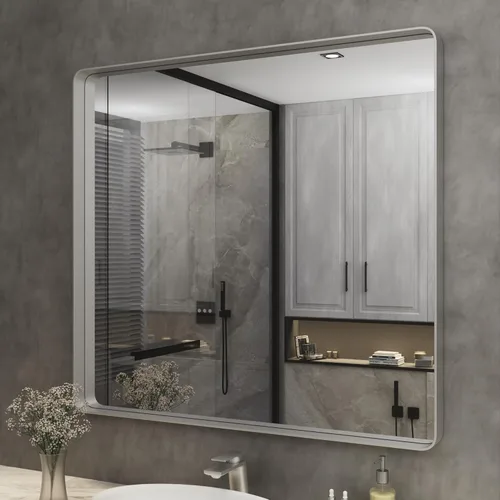 Vista 28 de ISKM Espejo de baño con marco de metal negro para pared de 40 x 32 pulgadas, espejo rectangular redondeado, antioxidante (horizontal/vertical)