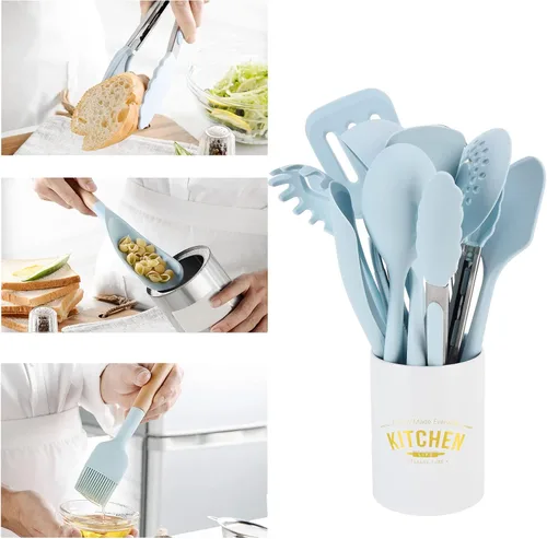 Vista 9 de 12PCS Silicone Kitchen Utensils Set, Cooking Tools with Wooden Handle, Heat Spatula Spoon Baking Gadgets for Non Stick Pans, Includes 12 for Modern