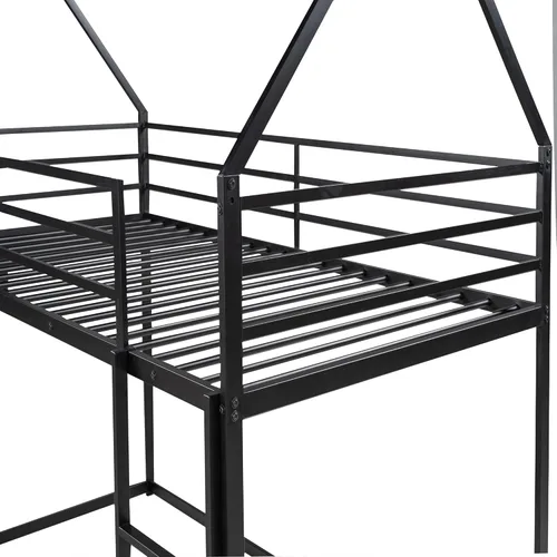 Vista 12 de Harper & Bright Designs Litera de metal para niños, cama individual sobre individual, litera baja con forma de casa, techo, escalera, barandilla