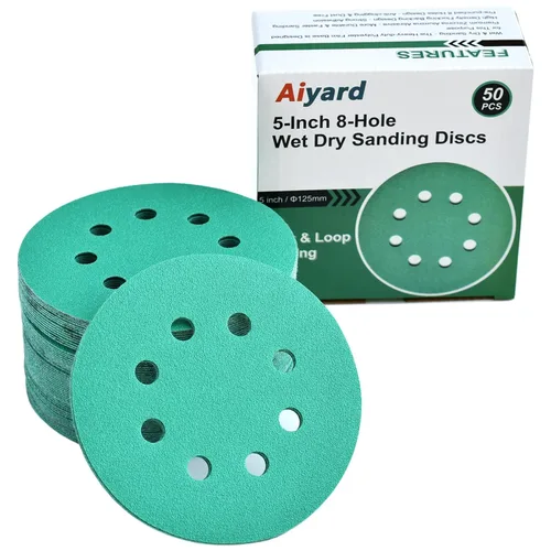Vista 18 de Discos de Lijado Húmedo y Seco de 5 Pulgadas de 8 Agujeros 80/120/180/220/320 Granos Surtidos, Papel de Lijado de Gancho y Bucle de Película