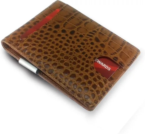 Vista 3 de Canberra Cartera con clip para dinero, delgada, minimalista, con bloqueo RFID, caja de regalo, cocodrilo, cocodrilo, avestruz, pitón, piel