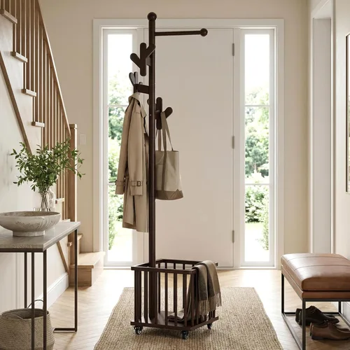 Vista 11 de Heavy Duty Coat Rack with Wheels & Storage Basket - Solid Rubberwood Standing Organizer with 10 Hooks & Locking Casters, Square Laundry Hamper for