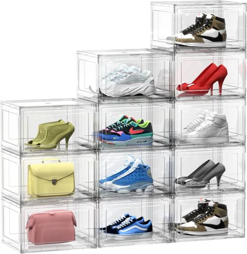 Paquete de 12 cajas de zapatos de acrílico, cajas de plástico transparente apilables para zapatillas de deporte, vitrina para zapatos deportivos