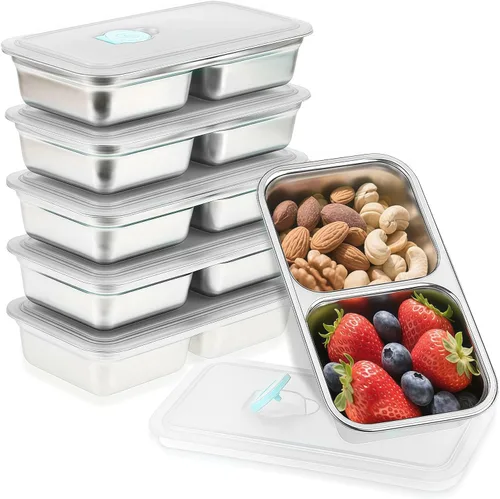 Vista 11 de 2 Piezas Cajas Bento de Acero Inoxidable 304, 30 oz 2 Compartimentos Contenedores Portátiles de Almacenamiento de Alimentos Cajas de Aperitivos
