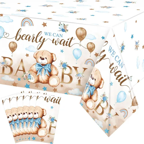 Vista 12 de Tegeme Paquete de 1 mantel de plástico para baby shower, con diseño de oso con texto en inglés «We Can Bearly Wait», para fiestas de cumpleaños
