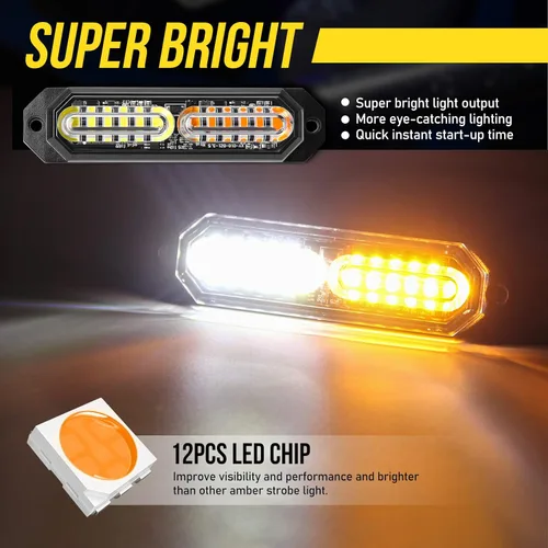 Vista 6 de Luz estroboscópica LED ámbar blanca, 12 luces LED de rejilla de montaje en superficie de emergencia, paquete de 4 mini barras de parrilla
