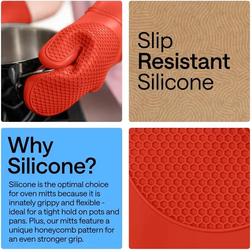 Vista 3 de GORILLA GRIP Guantes de horno de silicona suave sin BPA, 14.5 x 8.3, resistentes al calor e impermeables, forro de algodón grueso, agarre flexible