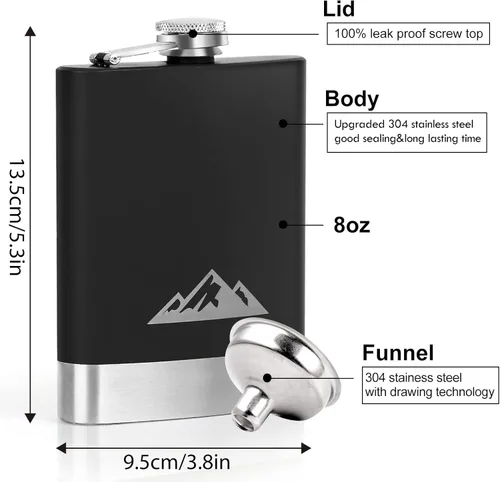 Vista 2 de KWANITHINK Frasco de cadera para licor para hombres, frasco de whisky de acero inoxidable de 8 onzas con tapa y embudo integrados, para acampar al