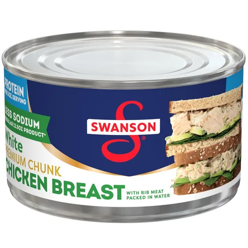 Swanson 25% menos sodio, pechuga de pollo premium en agua enlatada en trozos blancos, lata de 12.5 OZ