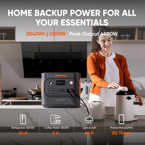 Vista 2 de Jackery Explorer 2000 v2 Estación de Energía Portátil, Batería de Respaldo Doméstica LiFePO4 de 2042Wh, Generador Solar de 2200W, Carga Rápida USB-C