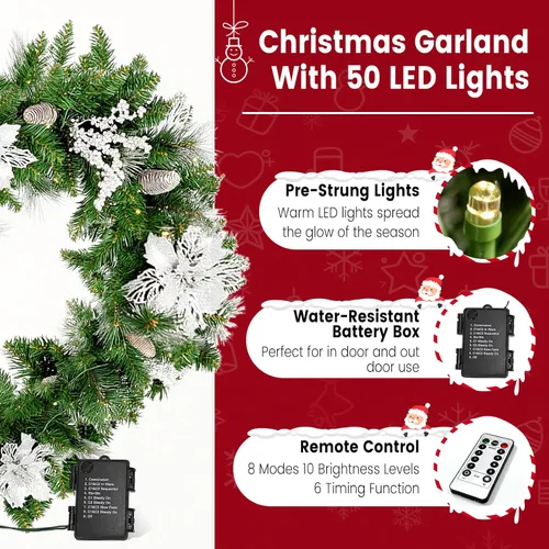 Vista 4 de Guirnalda de Navidad de 9 pies con luz, puntas de ramas exuberantes preiluminadas/flores plateadas/cono de pino, guirnalda de Navidad para chimenea