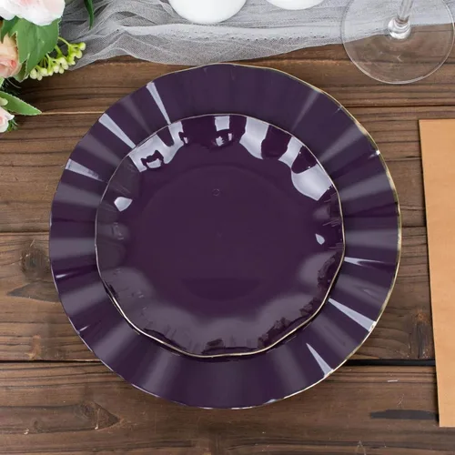 Vista 35 de Efavormart 10 Pack Platos redondos de plástico negro de 6" para postre y ensalada, platos desechables para aperitivos con borde ondulado dorado