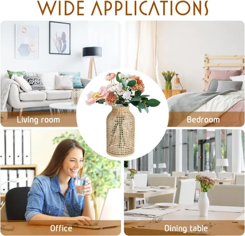 Vista 4 de DOITOOL Jarrón de mimbre, florero de vidrio de 8 pulgadas de alto con cubierta de ratán, ratán alto para flores, botella floral bohemia