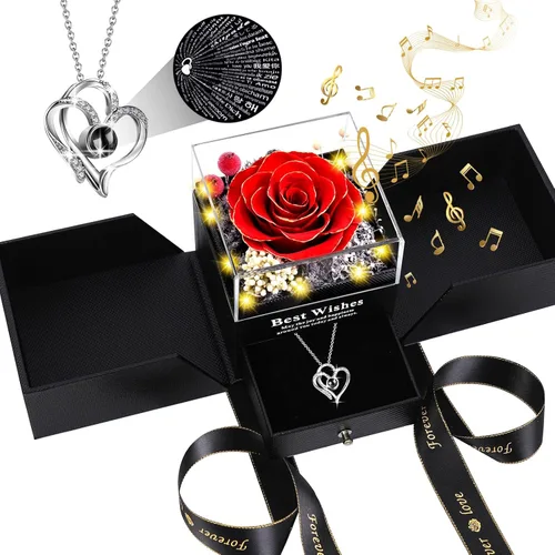 Vista 17 de Pasuvsigt Regalos de rosas para el día de San Valentín para ella, rosa real preservada con collar en 100 idiomas, luces LED y caja de música, regalo