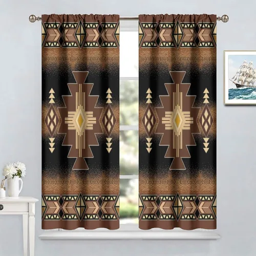 Vista 349 de Cortinas con patrón geométrico tribal, estilo suroeste, azteca, rústico, occidental, nativo americano, opacas, con bolsillo para barra, decoración