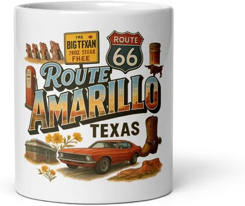 Route 66 Amarillo Texas Ceramic Mug - Vintage Travel Souvenir Coffee Cup Gift for Travelers 20 oz