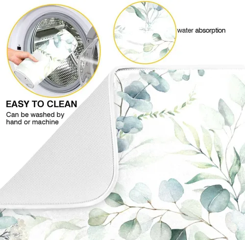 Vista 2 de Tapete de secado de platos con hojas verdes para encimera de cocina, planta de hierba, tapetes de secado blancos, super absorbentes, reversibles