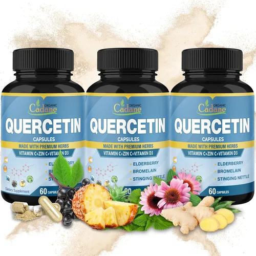 Organic Cadane 3 paquetes de 60 cápsulas de extracto de quercetina – Apoya el sistema inmunológico – Combinado con saúco, bromelina, jengibre,