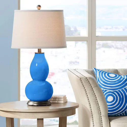 Vista 19 de Color + Plus Double Gourd 28 3/4" Tall Modern End Table Lamp Placid Blue Bronze Finish Glass Single Fabric Off-White Shade Living Room Bedroom