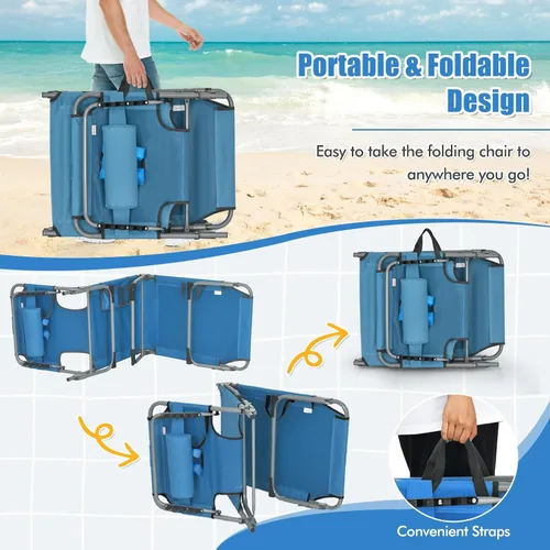Vista 7 de Goplus Silla bronceadora, silla plegable ajustable para patio con agujero facial, almohada extraíble, 331 libras, correa de transporte, silla