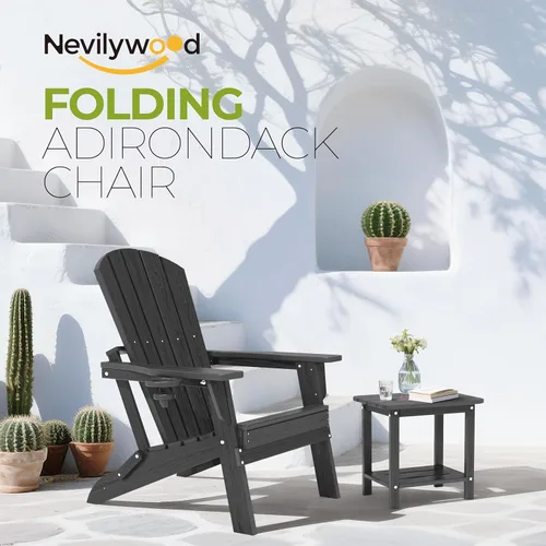 Vista 3 de nevilywood Silla Adirondack plegable, respaldo ergonómico extendido, portavasos, fácil montaje, plástico HDPE duradero, resistente a la intemperie