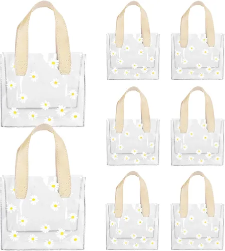 Whaline 12 bolsas de regalo de PVC transparente con asa, bolsas de regalo de dama de honor, lindas margaritas, reutilizables, transparentes, bolsa
