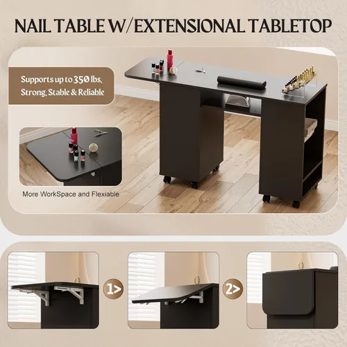 Vista 7 de Paddie Mesa de manicura con mesa extensible, mesa de escritorio de uñas para tecnología de uñas con soporte para bolsa de basura y cajón vertical