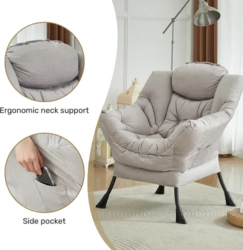 Vista 4 de HollyHOME - Silla perezosa con reposabrazos y bolsillo lateral, cómoda silla de sala de acento, sillón de sofá de ocio para sala de estar, recámara