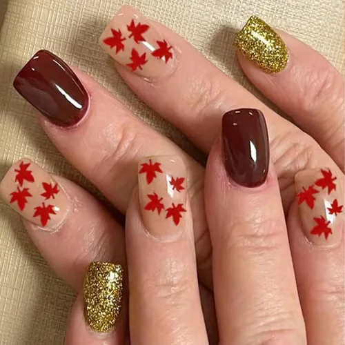 Vista 17 de 24 uñas postizas cuadradas a presión, cortas, bonitas, florales, acrílicas, con diseños de flores de arcoíris, uñas reutilizables con pegamento