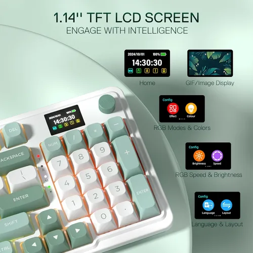 Vista 4 de Redragon K719 Teclado inalámbrico para juegos con junta con pantalla Hype y perilla, teclado mecánico de 95 teclas, pantalla de información TFT