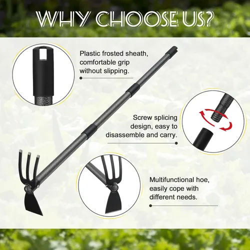 Vista 4 de Herramienta de jardín Hoe, azada de jardín de 45 pulgadas, mango largo para deshierbe, cultivador de azada 2 en 1, herramientas de jardín de mano