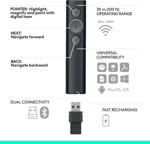 Vista 7 de Logitech Spotlight Presentation Remote Universal Inalámbrico - Negro