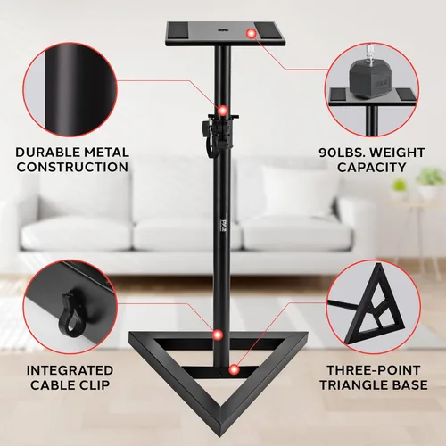 Vista 5 de Pyle Par de Soportes para Altavoces de Sonido - Soporte para Play 1 y 3, Altura Telescópica Ajustable de 26" - 52", Base Triangular de Tres Puntos