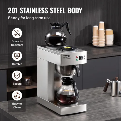 Vista 5 de VEVOR Cafetera de goteo comercial de 12 tazas, cafetera con 2 jarras de vidrio y 2 platos calentadores, cafetera de acero inoxidable