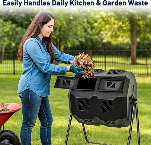 Vista 6 de Yesker Contenedor de compostaje de doble cámara para exteriores, compostador giratorio de 43 galones con puertas correderas, montaje rápido