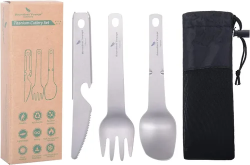 Vista 2 de Boundless Voyage Juego de vajilla de titanio para acampar al aire libre, cuchillo tenedor, cuchara, abridor de botellas, juego combinado