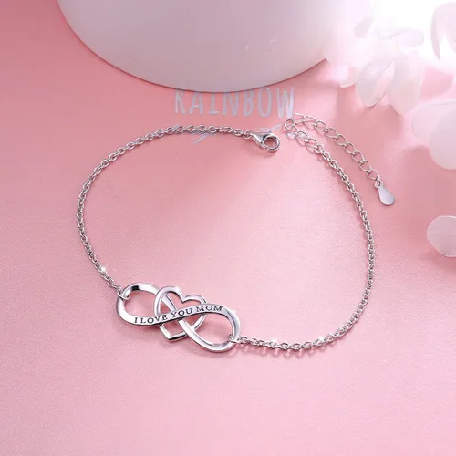 Vista 2 de DAOCHONG Pulsera y anillo de plata de ley S925 con diseño de corazón infinito y anillo para mamá, mamá, mamá, joyería de cumpleaños