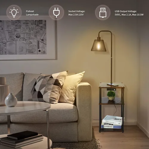 Vista 8 de Lámpara de pie con mesa, mesa auxiliar con puerto de carga USB y tomacorriente, moderna mesita de noche con luz de pie para sala de estar