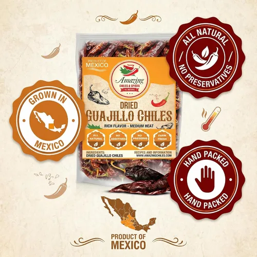 Vista 9 de Guajillo Chiles Secos Enteros 4 oz – Natural y Premium. Ideal para recetas mexicanas como mole, tamales, salsa, carnes. Calor suave a medio, sabor