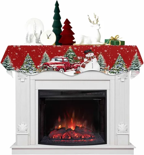 Vista 7 de Daleng Bufanda de repisa de Navidad para chimenea, 60 x 17 pulgadas, muñeco de nieve rojo, bola de Navidad verde, árbol de pino floral, decoración
