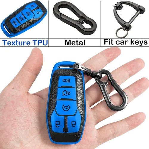 Vista 6 de Kirsnda Funda para llavero Ford, funda con textura, con llavero, carcasa para llave/piel, 5 botones para Explorer 2016 2017 para Mustang Fusion MKZ