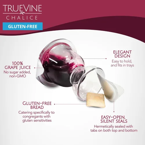 Vista 2 de TrueVine - Juego de tazas de comunión y obleas precargadas sin gluten, pan y jugo sin gluten, comunión fácil de abrir (100 unidades (paquete de 1))