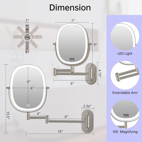 Vista 5 de FUNTOUCH Espejo de maquillaje iluminado para montar en la pared, espejo ovalado de doble cara 1X/10X, espejo de aumento de 3 luces