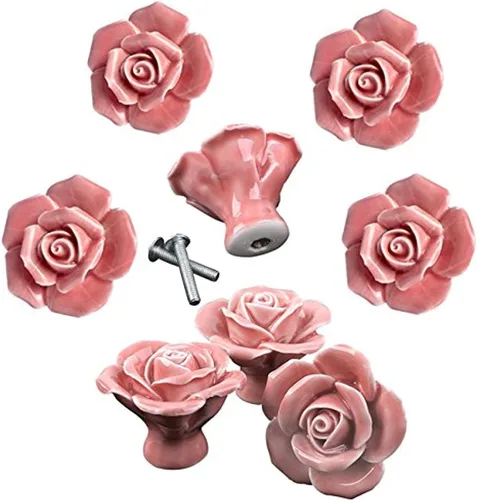 Vista 4 de DLD 8 PIEZAS Pomos de Puerta de Cerámica Negra Vintage Floral Rosa con Manija para Cajón de Cocina + Tornillo (Negro)